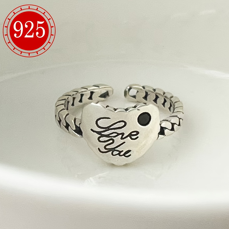 925 Silver Heart Letter Ring Retro Love Chain Finger Ring Tail Ring